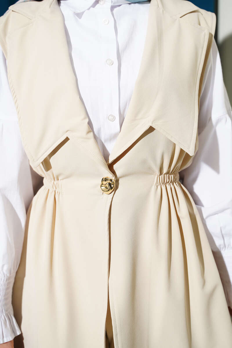 Two-Piece Set with Vest and Gathered Waist - Stone