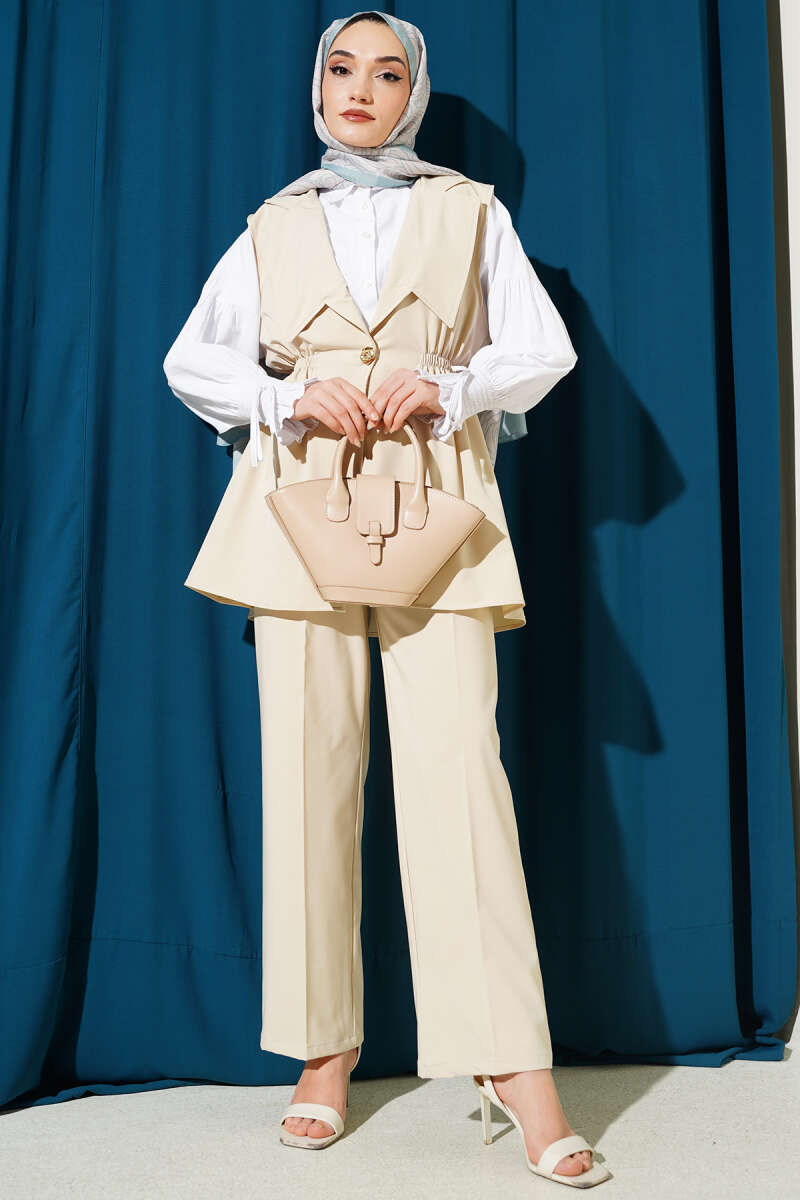 Two-Piece Set with Vest and Gathered Waist - Stone