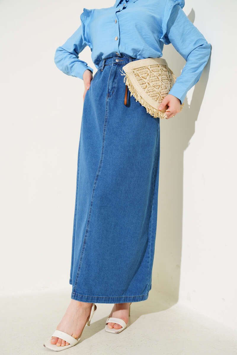 Denim Skirt with Waist Button and Pockets - Denim Blue