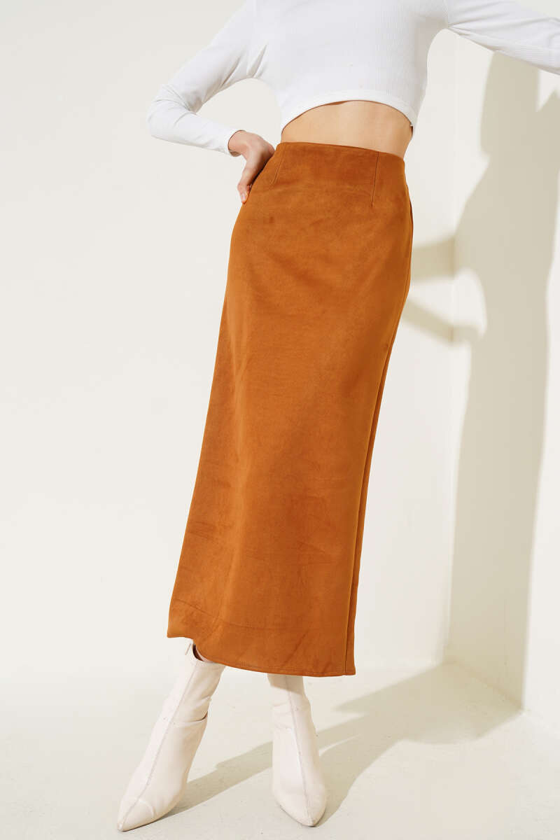 Suede Pencil Skirt with Waist Zip - Tan