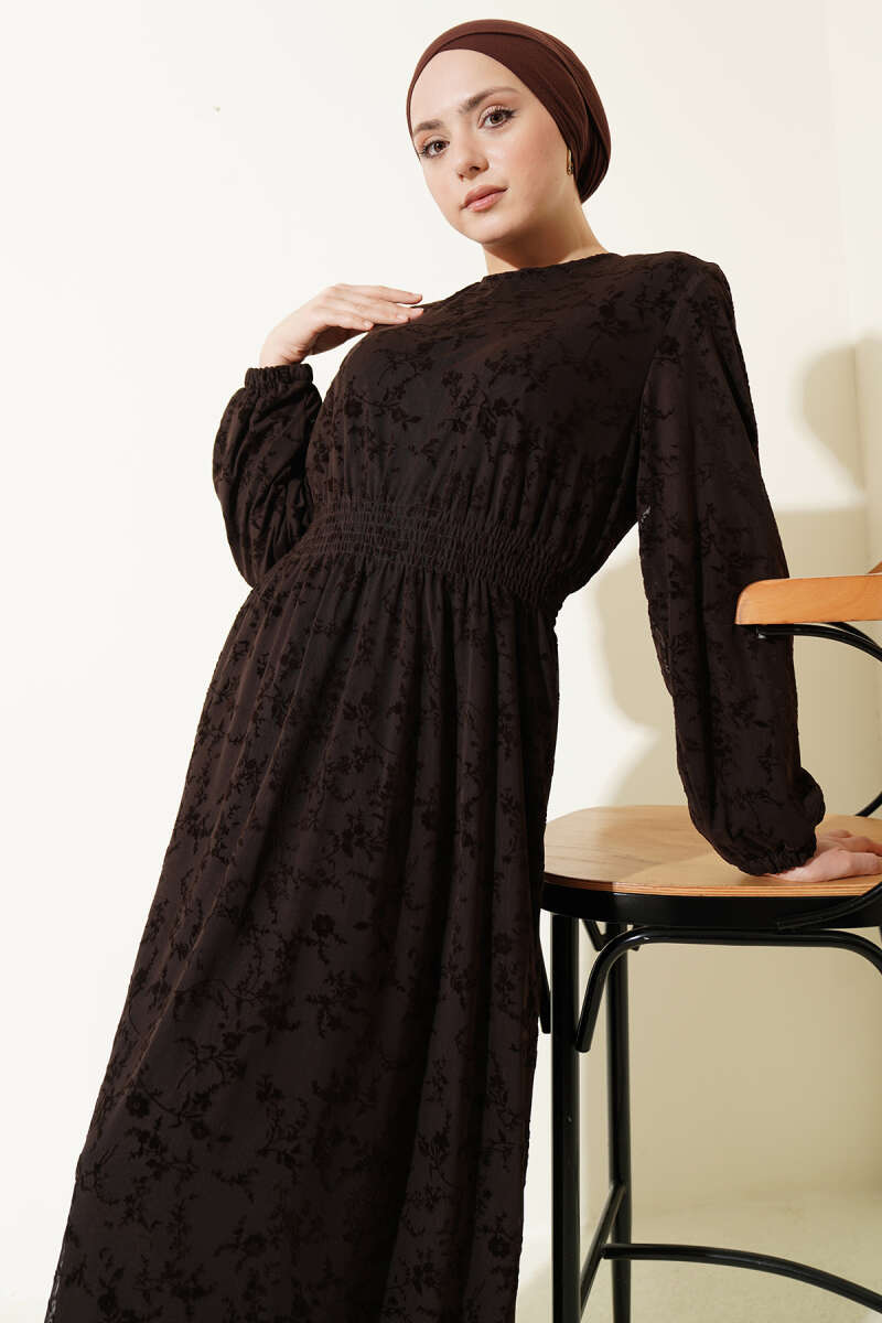 Floral Tulle Dress with Guipure Waist - Brown