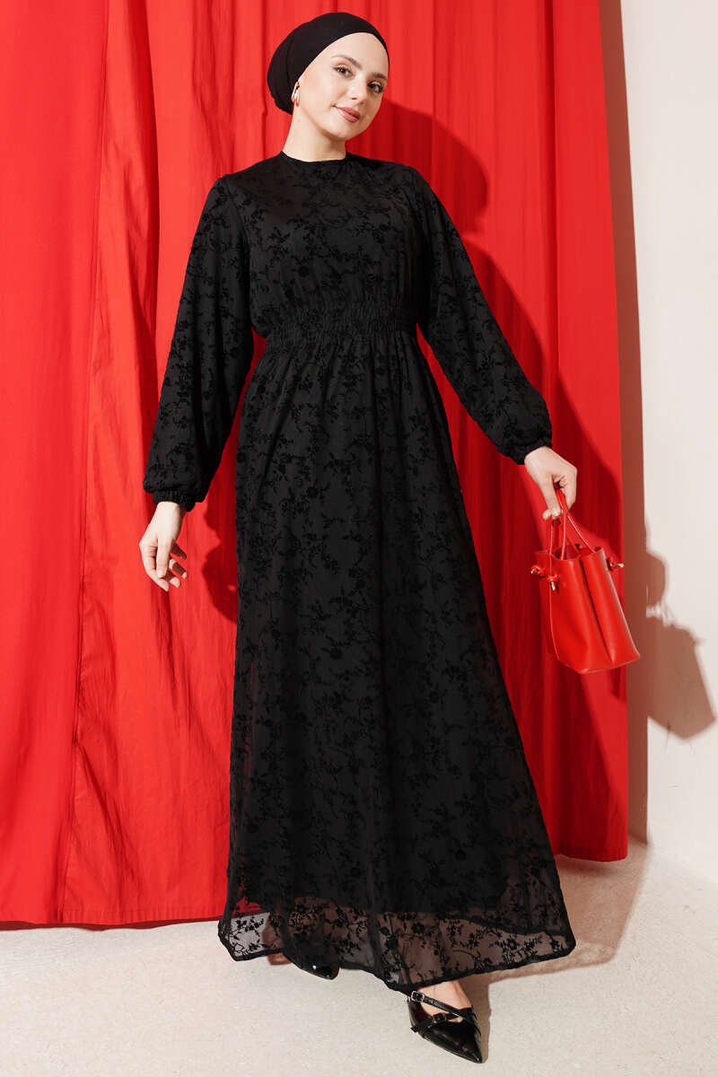 Floral Tulle Dress with Guipure Waist - Black