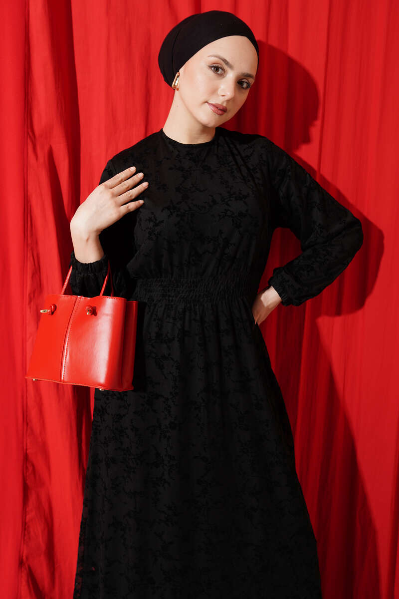 Floral Tulle Dress with Guipure Waist - Black