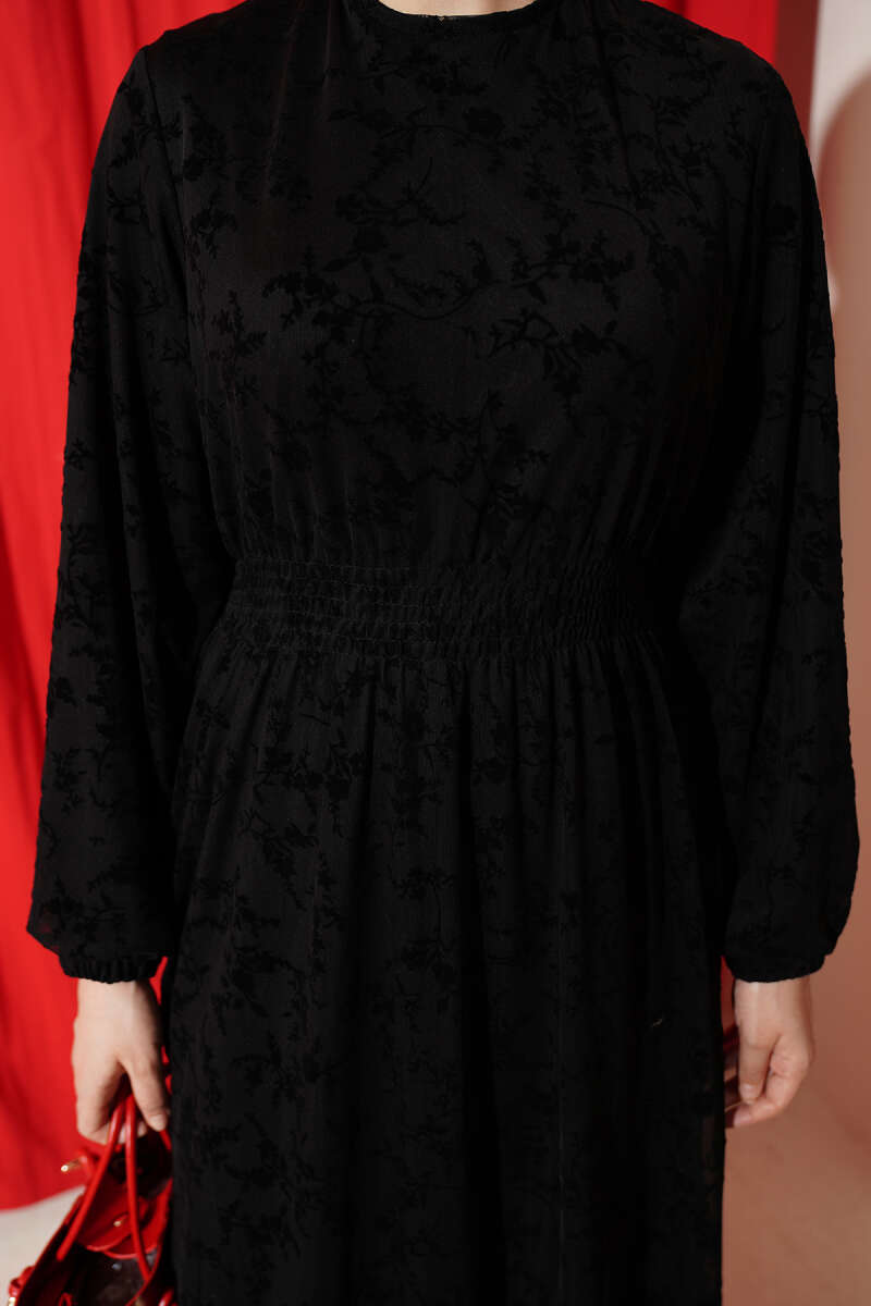 Floral Tulle Dress with Guipure Waist - Black