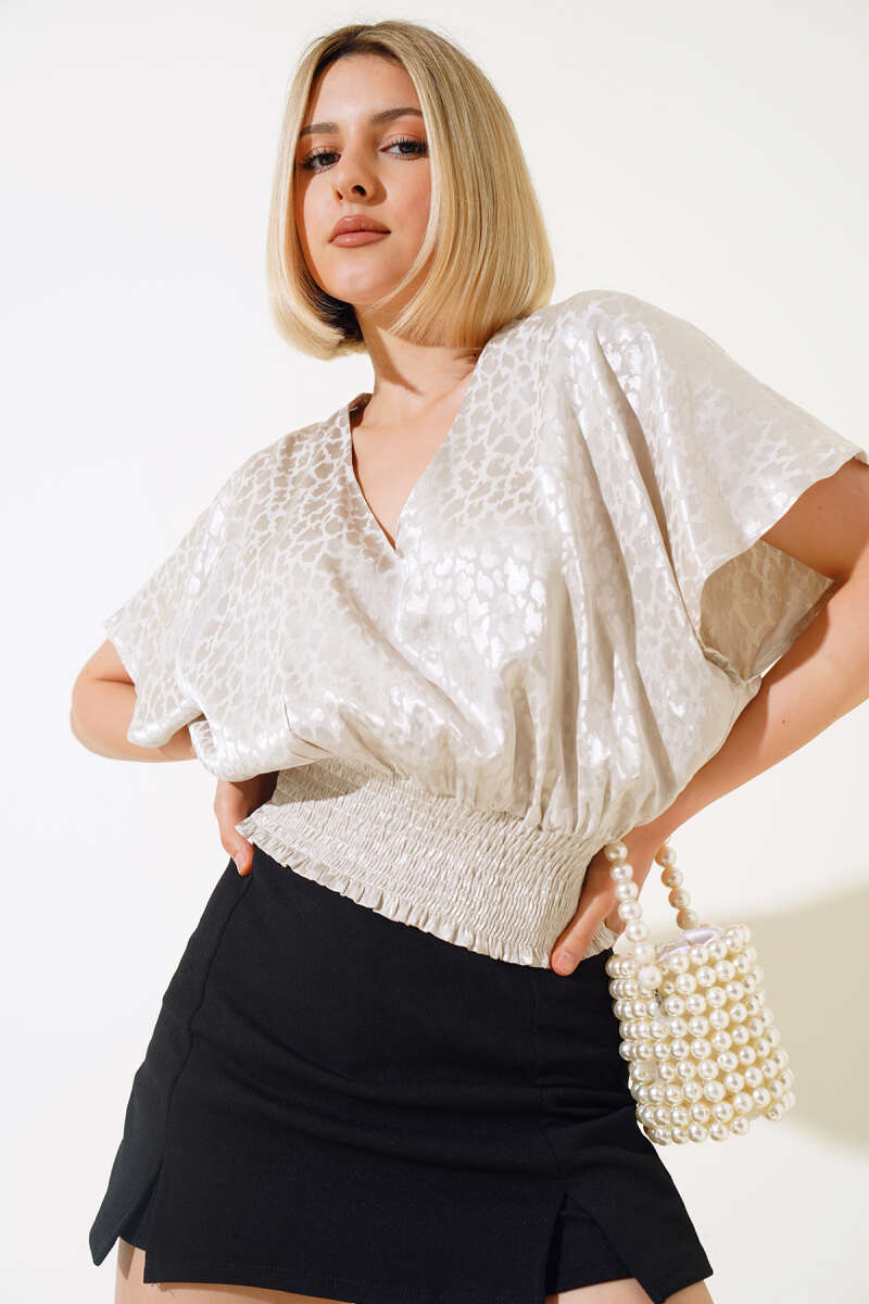 Jacquard Blouse with Guipure Waist - Beige