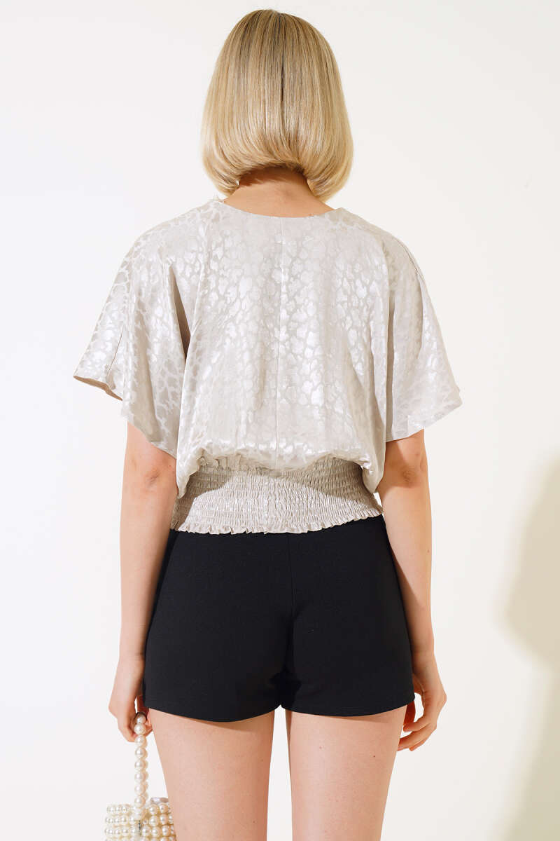 Jacquard Blouse with Guipure Waist - Beige