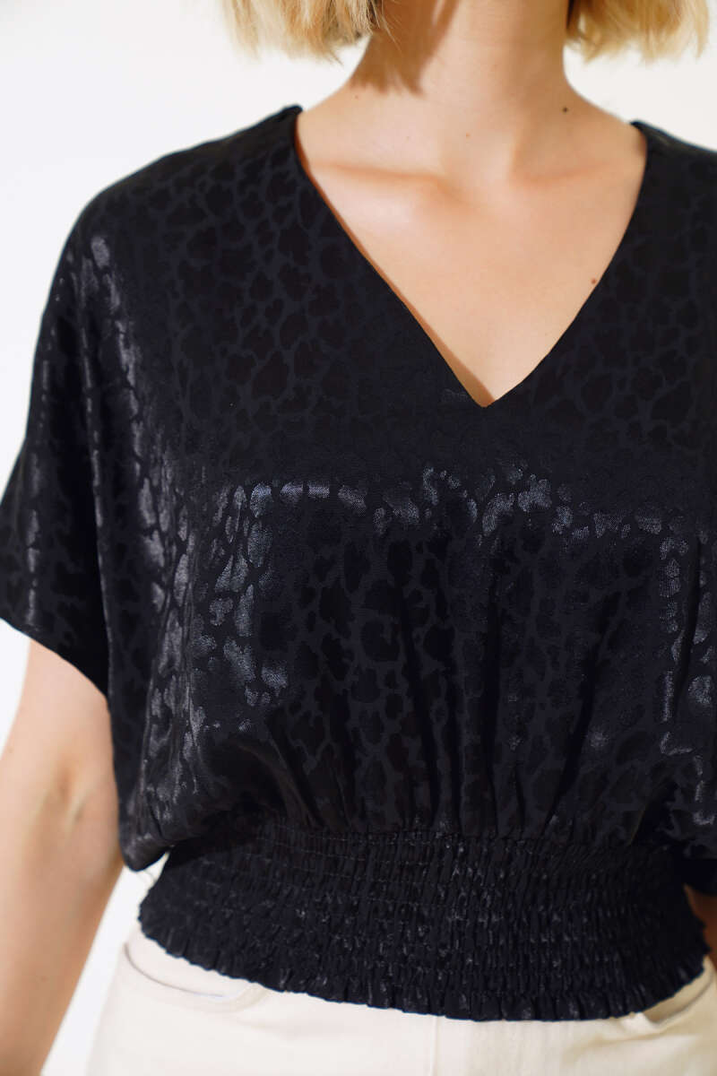 Jacquard Blouse with Guipure Waist - Black