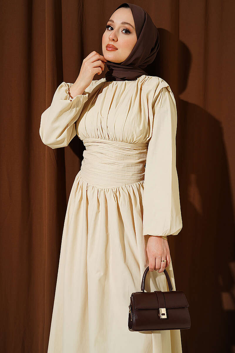 Flared Dress with Guipure Waist - Beige