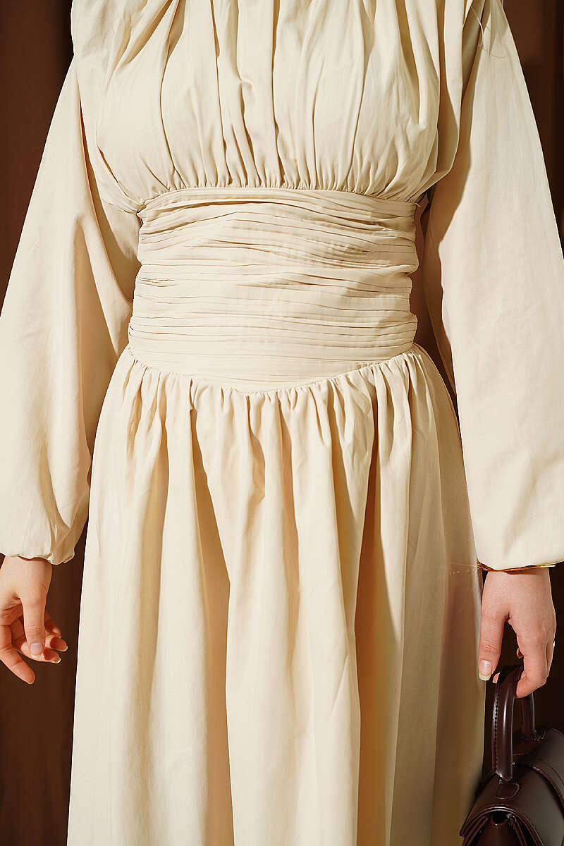 Flared Dress with Guipure Waist - Beige