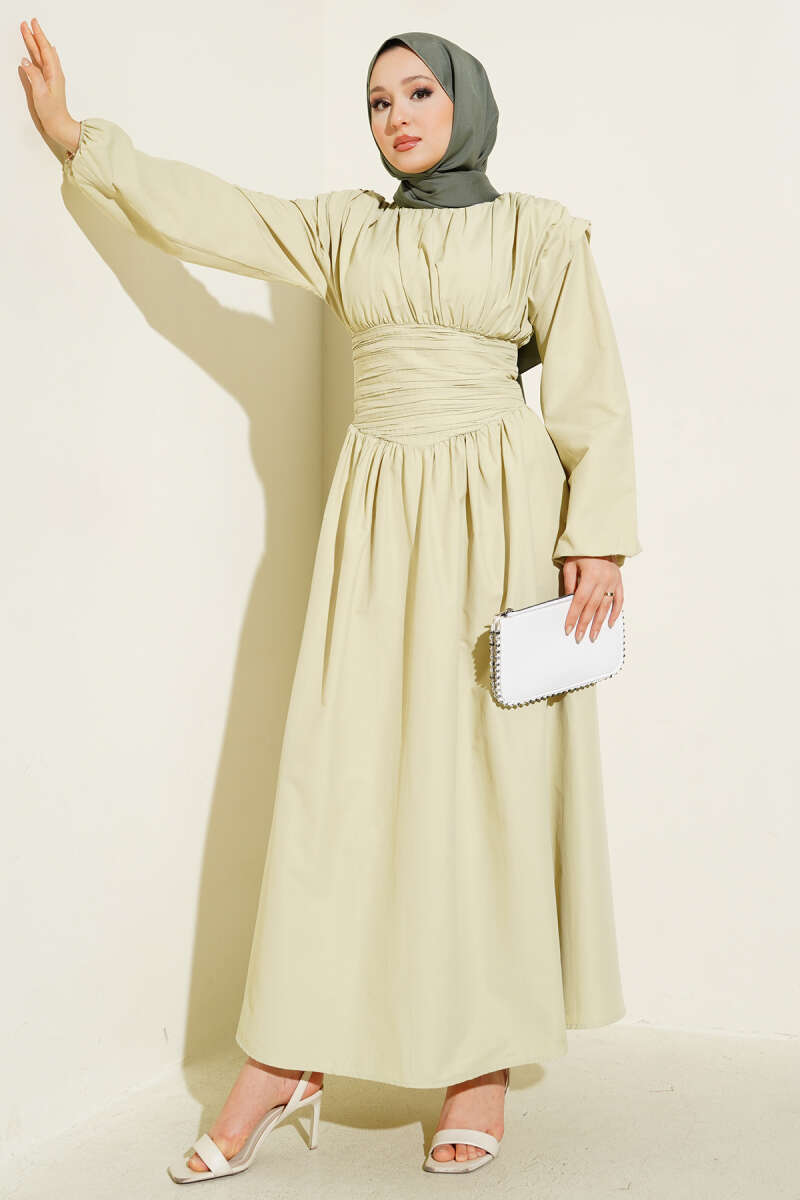 Flared Dress with Guipure Waist - Almond Green
