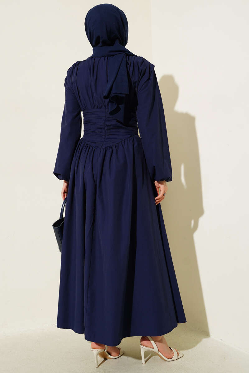 Flared Dress with Guipure Waist - Navy