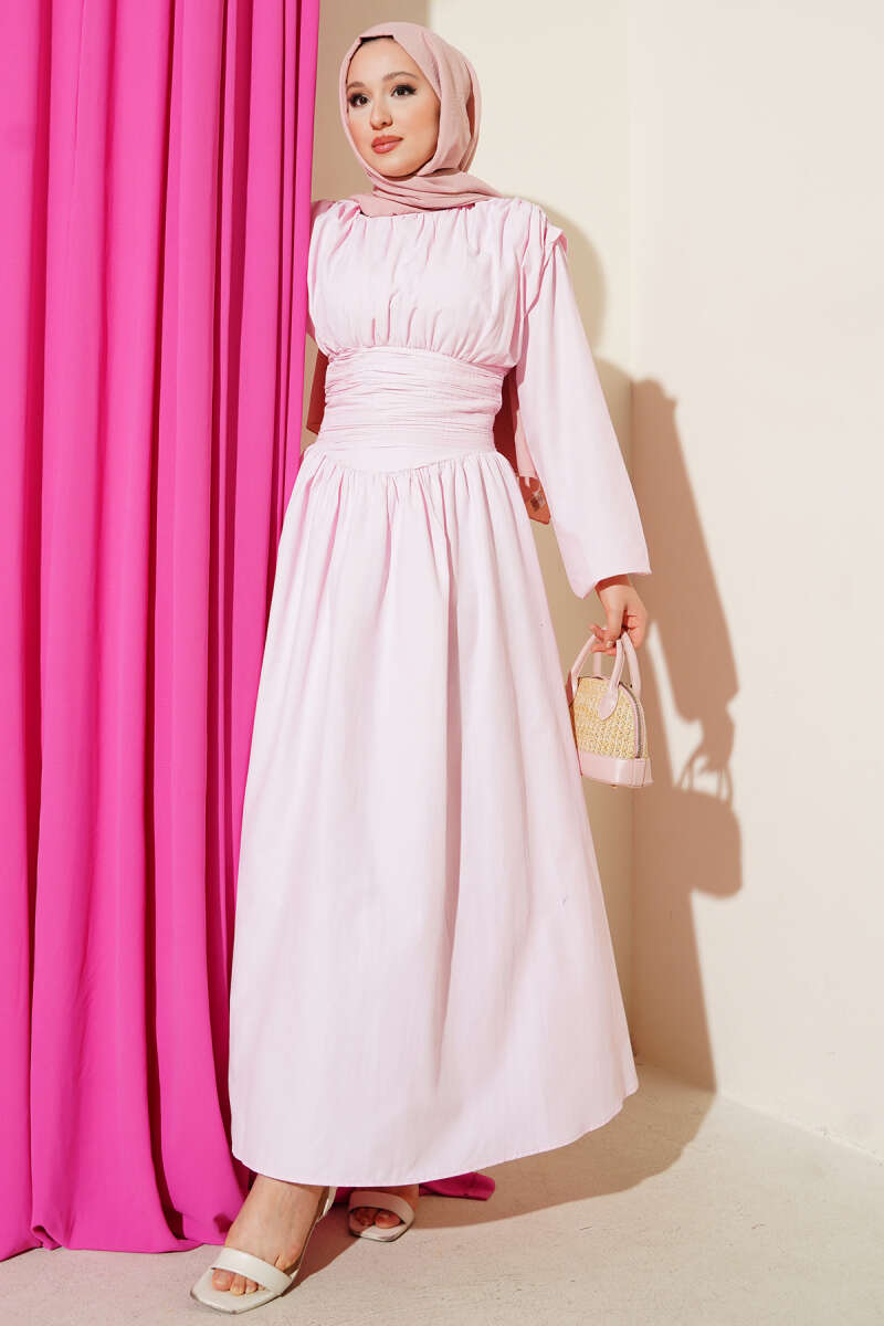 Flared Dress with Guipure Waist - Pink