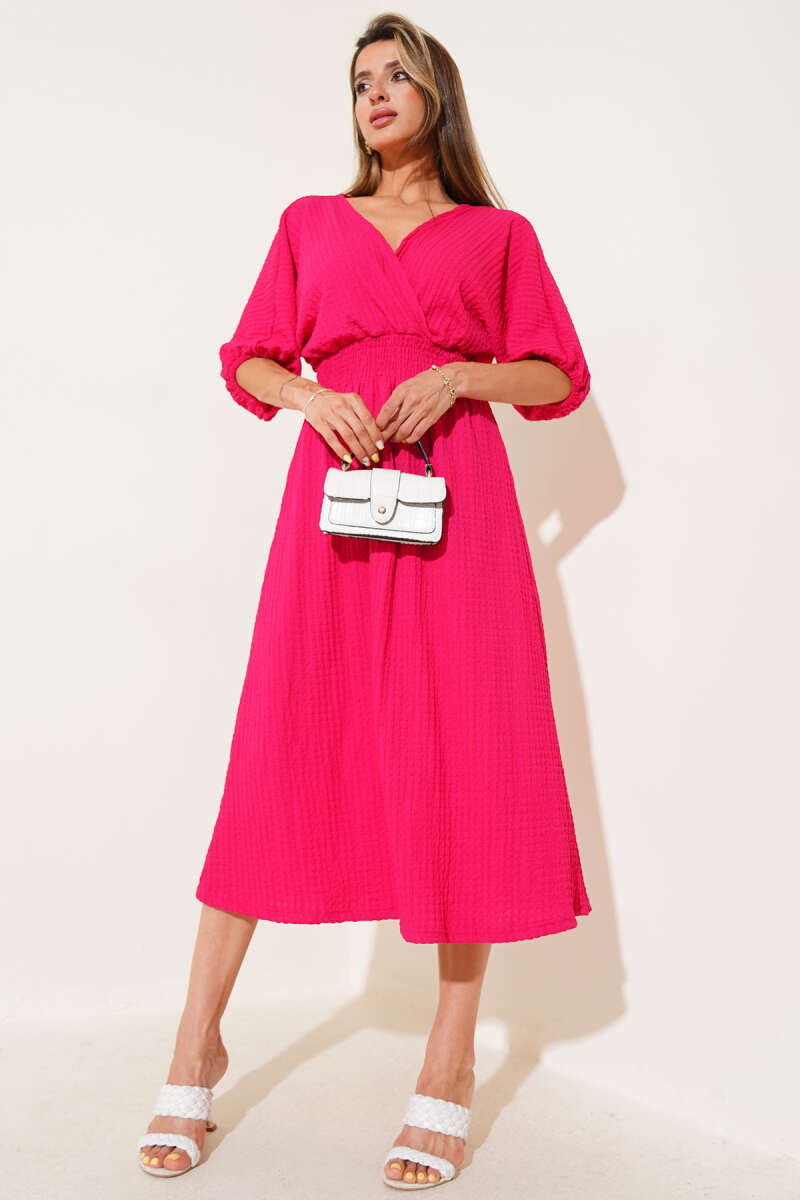 Half-Sleeve Crinkle Midi Dress with Guipure Waist - Fuchsia