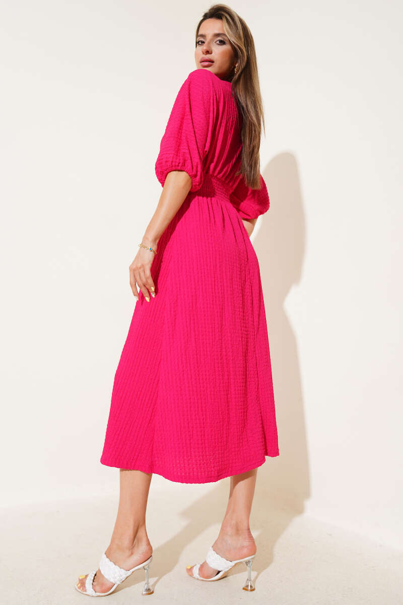 Half-Sleeve Crinkle Midi Dress with Guipure Waist - Fuchsia