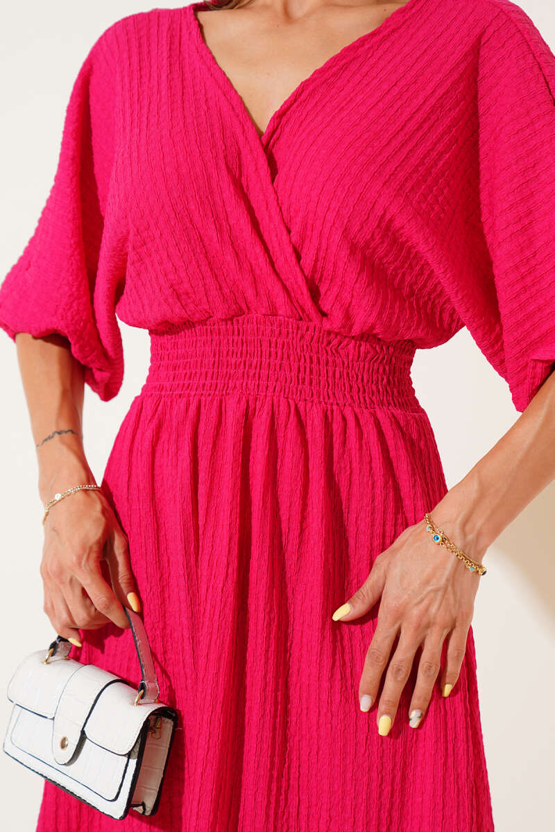 Half-Sleeve Crinkle Midi Dress with Guipure Waist - Fuchsia
