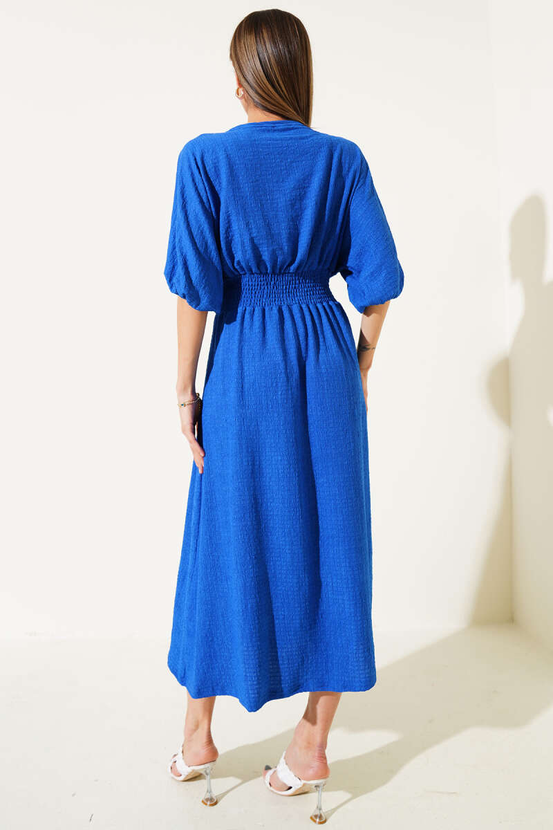 Half-Sleeve Crinkle Midi Dress with Guipure Waist - Saxe Blue