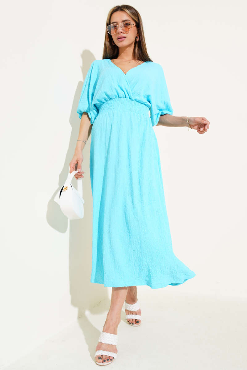 Half-Sleeve Crinkle Midi Dress with Guipure Waist - Turquoise