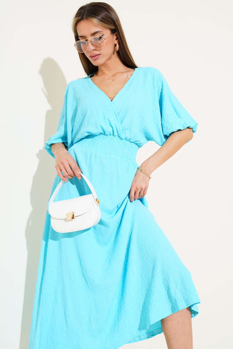 Half-Sleeve Crinkle Midi Dress with Guipure Waist - Turquoise