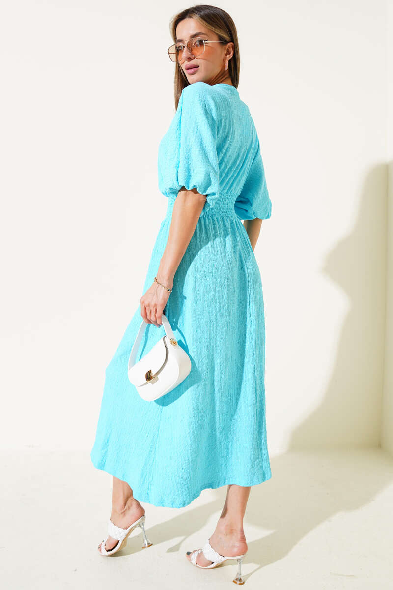 Half-Sleeve Crinkle Midi Dress with Guipure Waist - Turquoise