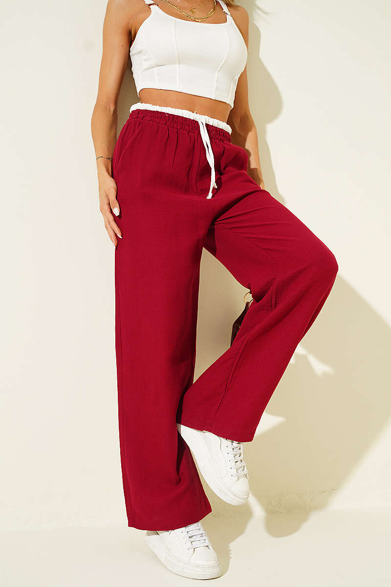 Muslin Trousers with Drawstring Waist and Trim - Burgundy