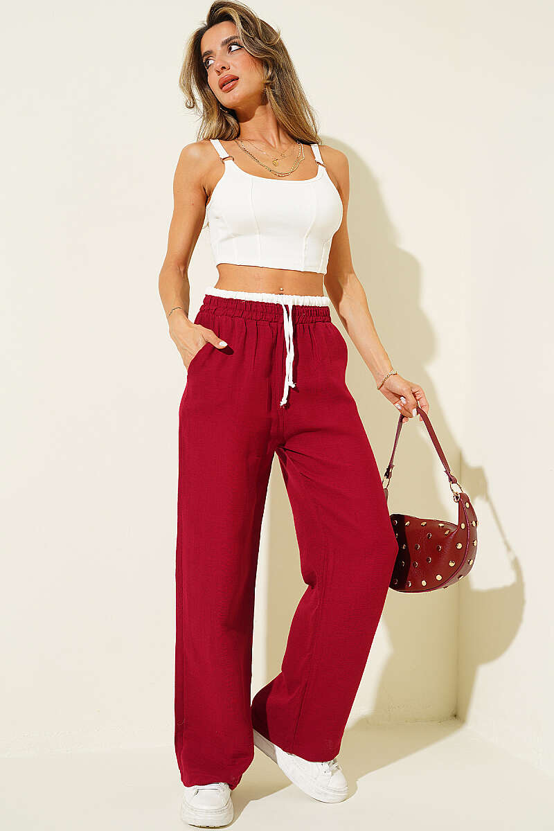 Muslin Trousers with Drawstring Waist and Trim - Burgundy