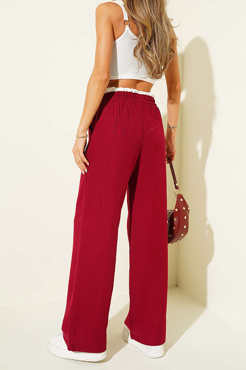 Muslin Trousers with Drawstring Waist and Trim - Burgundy