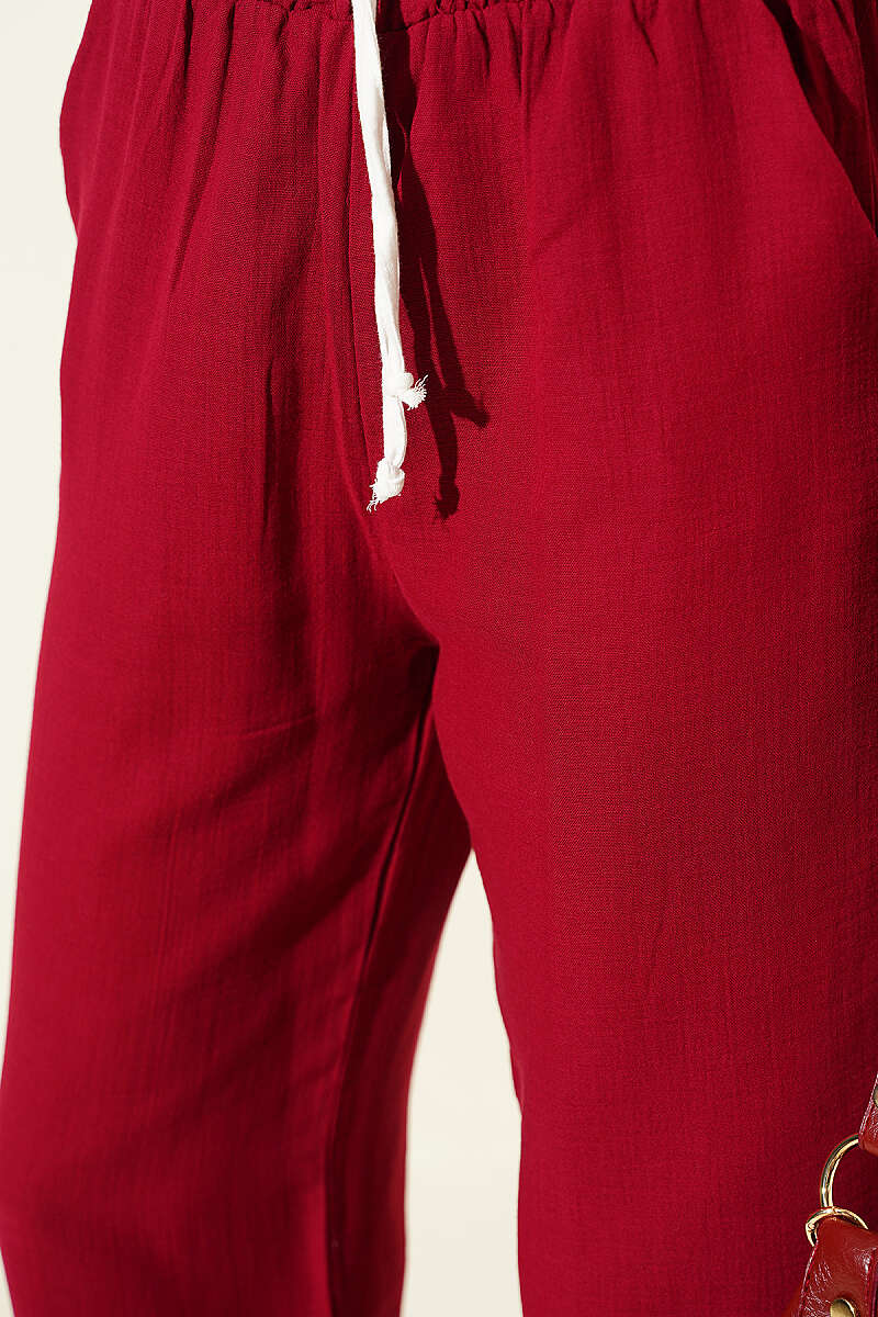 Muslin Trousers with Drawstring Waist and Trim - Burgundy