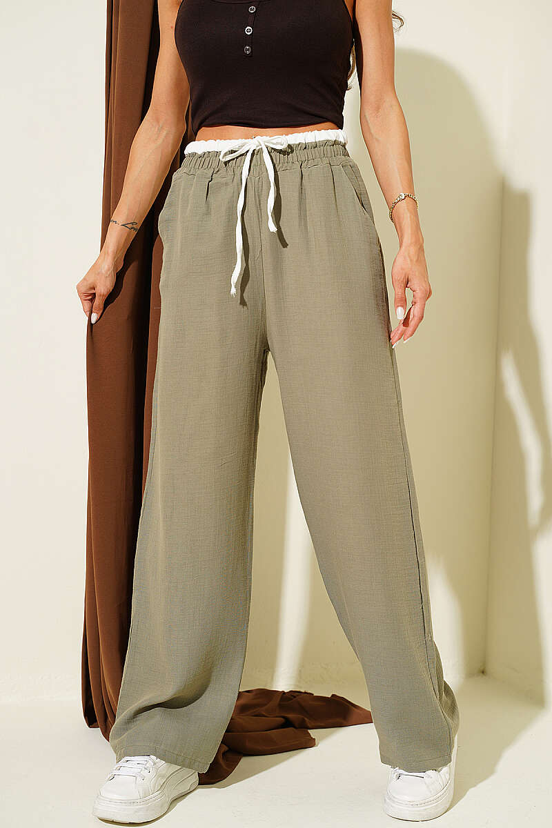 Muslin Trousers with Drawstring Waist and Trim - Khaki