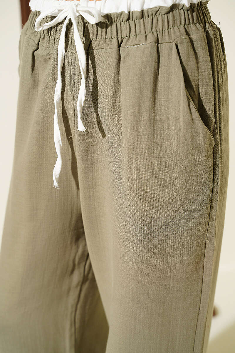 Muslin Trousers with Drawstring Waist and Trim - Khaki