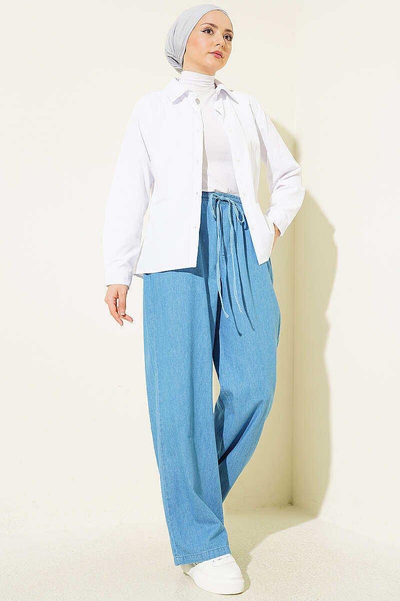 Wide-Leg Jeans with Drawstring Waist - Light Blue