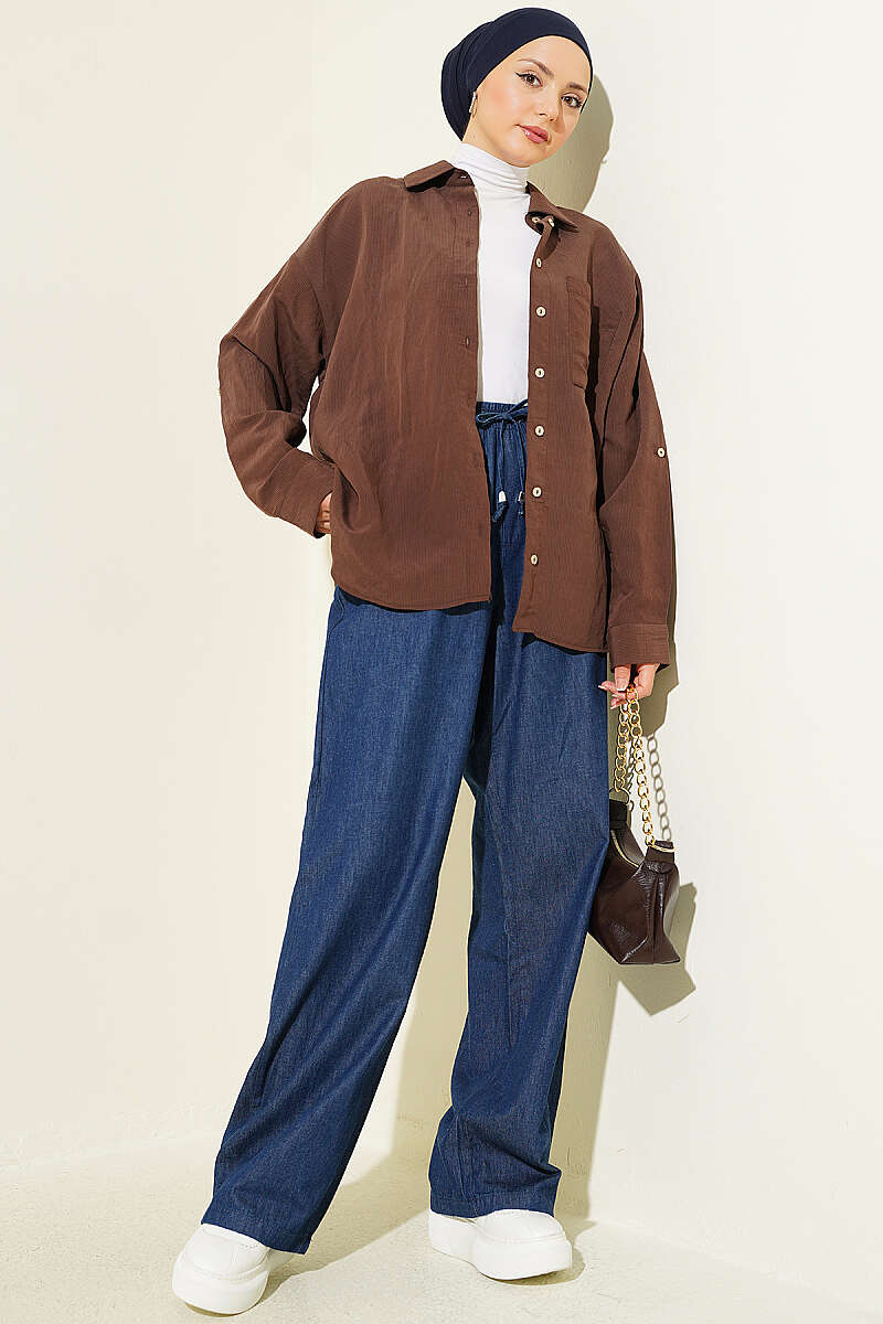Wide-Leg Jeans with Drawstring Waist - Navy