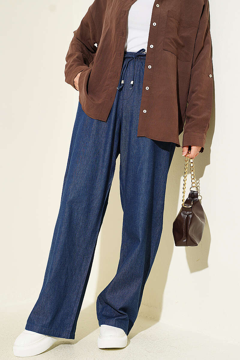 Wide-Leg Jeans with Drawstring Waist - Navy