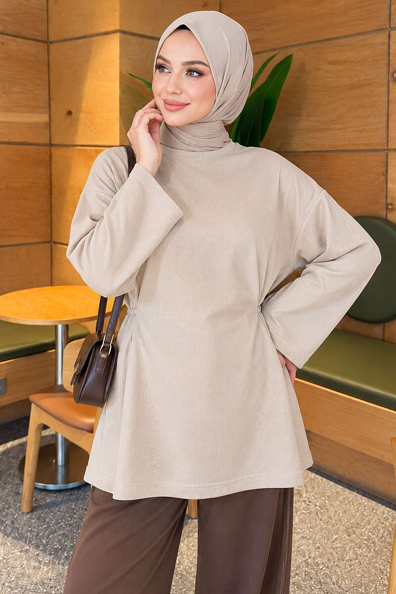 Jersey Tunic with Waist Tie - Beige