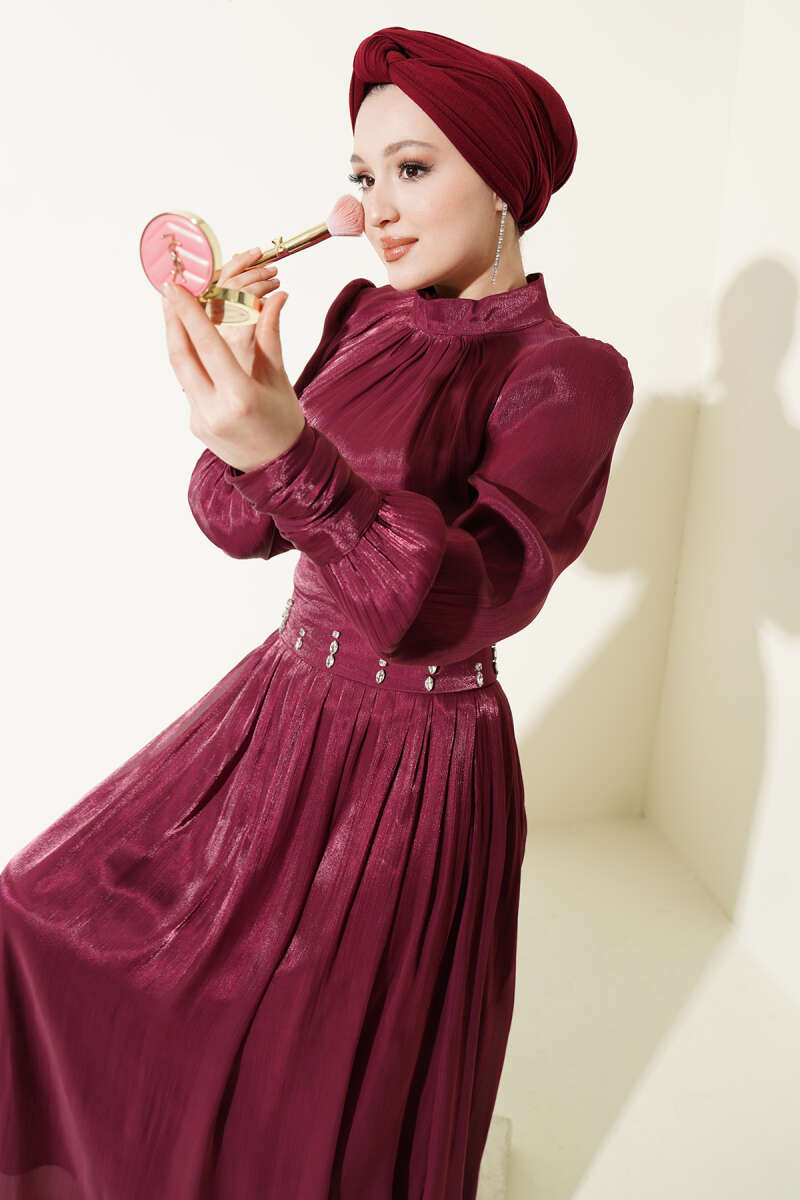 Stone Evening Dress with Corset Waist - Burgundy