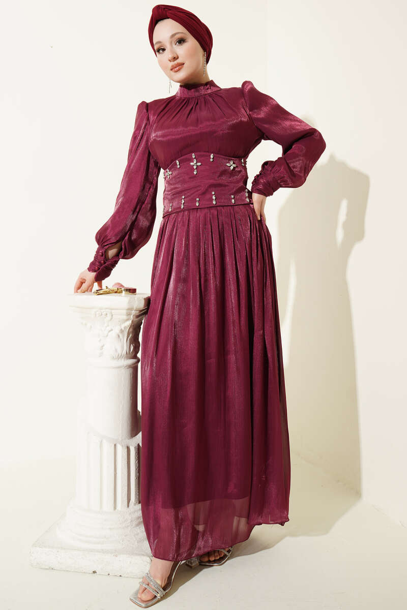 Stone Evening Dress with Corset Waist - Burgundy