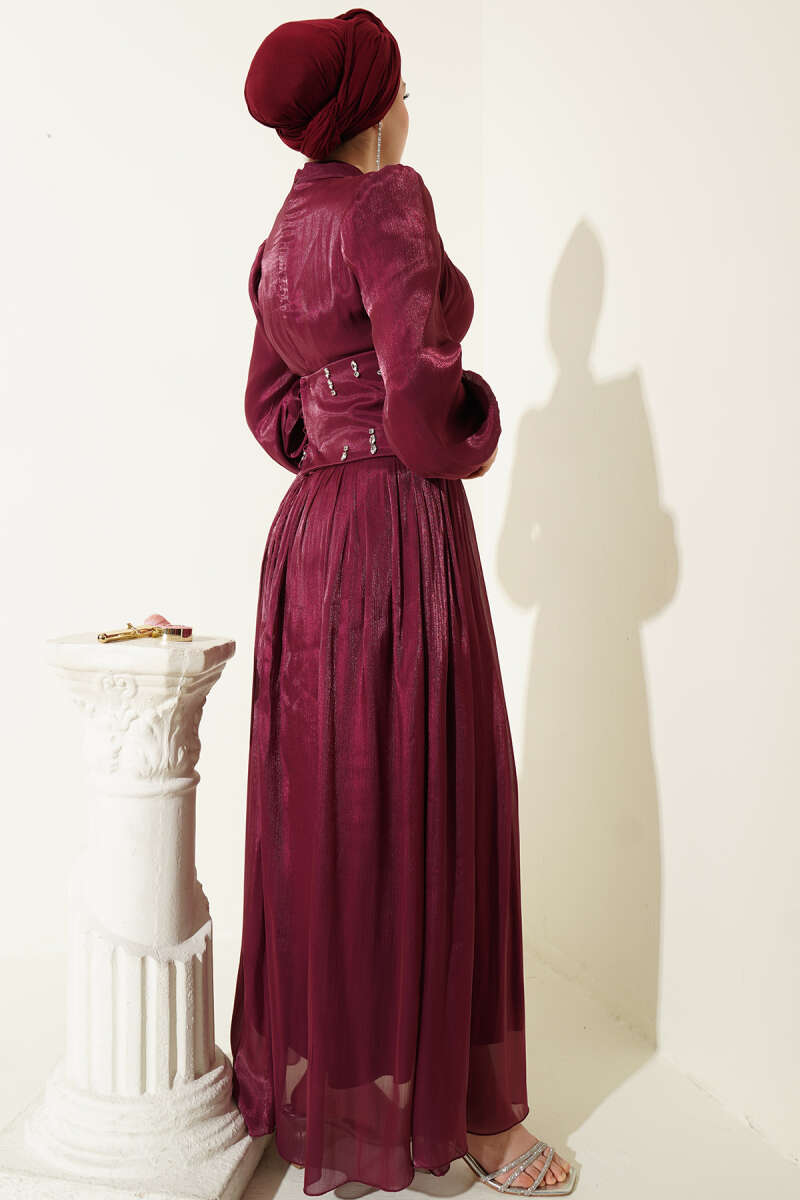 Stone Evening Dress with Corset Waist - Burgundy