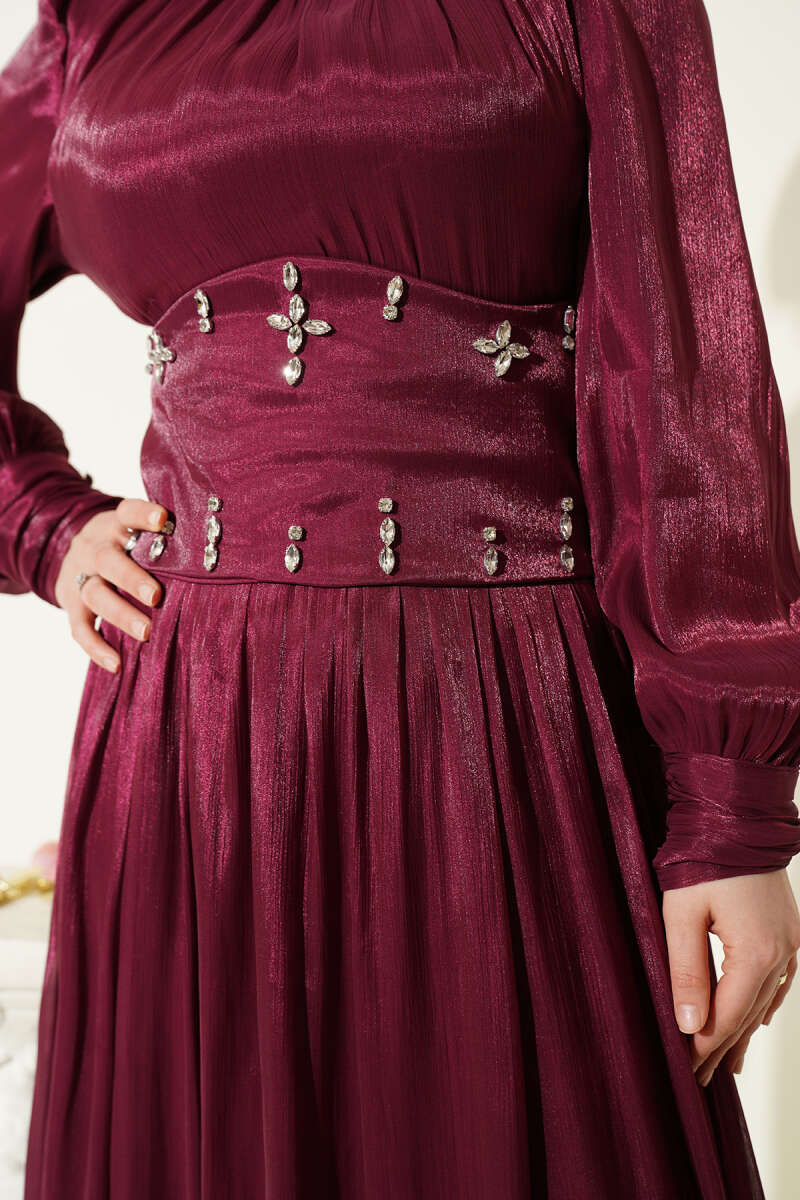 Stone Evening Dress with Corset Waist - Burgundy