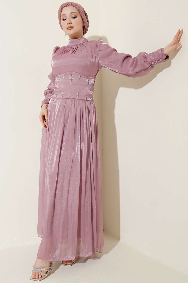 Stone Evening Dress with Corset Waist - Powder