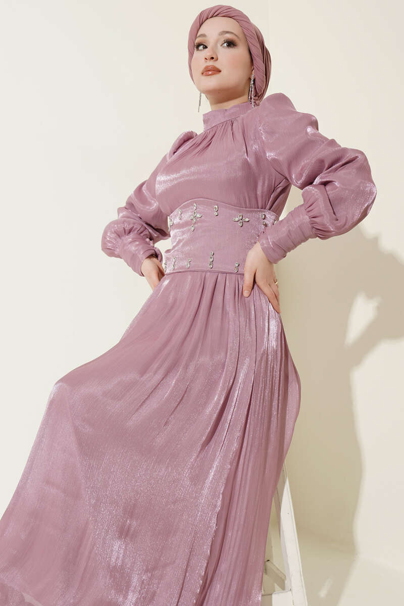 Stone Evening Dress with Corset Waist - Powder