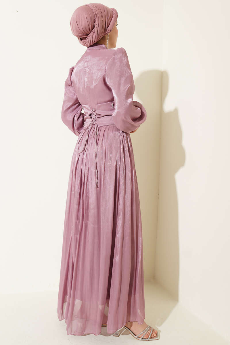 Stone Evening Dress with Corset Waist - Powder