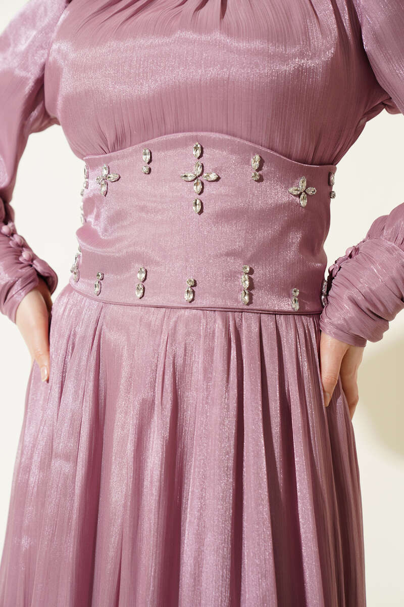 Stone Evening Dress with Corset Waist - Powder