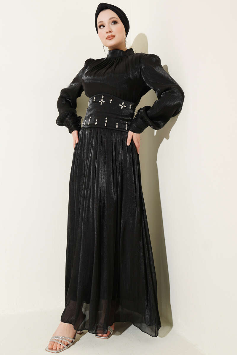 Stone Evening Dress with Corset Waist - Black