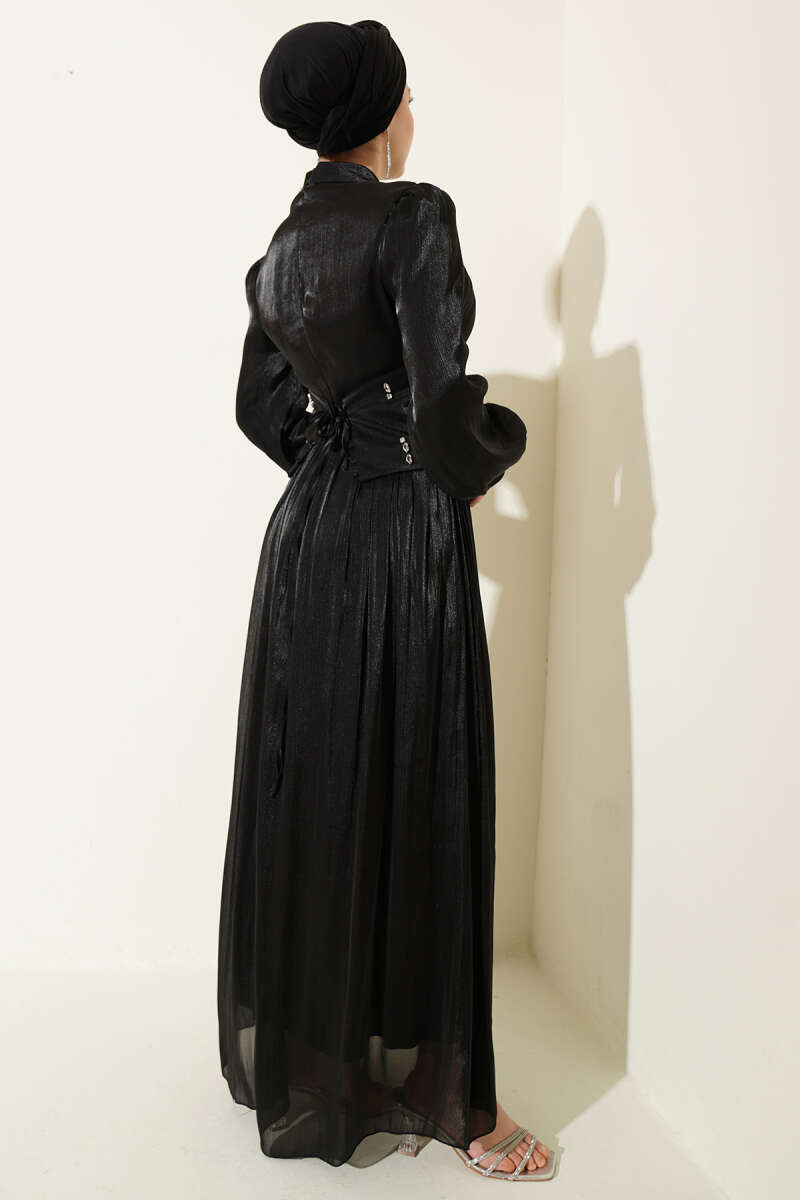 Stone Evening Dress with Corset Waist - Black