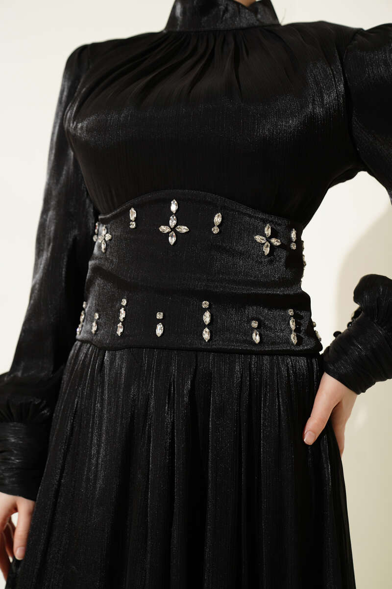 Stone Evening Dress with Corset Waist - Black