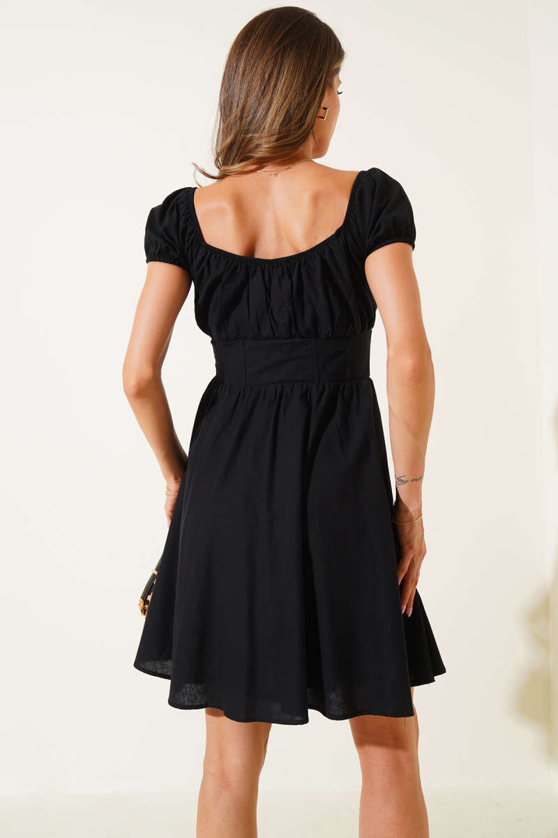 Mini Dress with Corset Waist and Buttons - Black