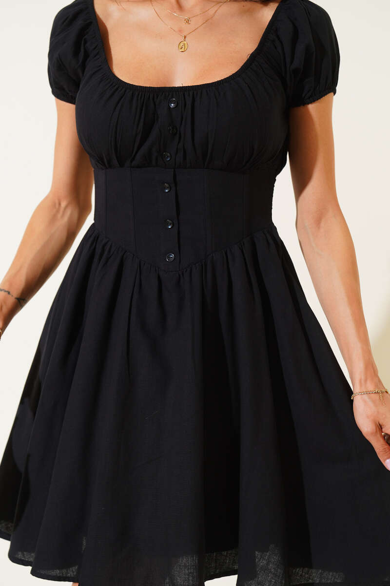 Mini Dress with Corset Waist and Buttons - Black