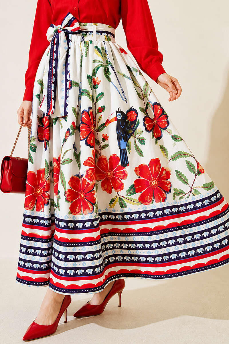 Floral Detail Skirt with Waist Sash - Ecru
