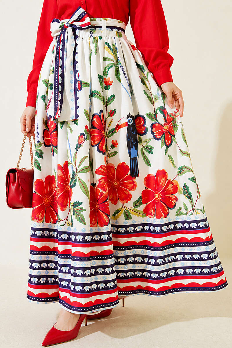 Floral Detail Skirt with Waist Sash - Ecru