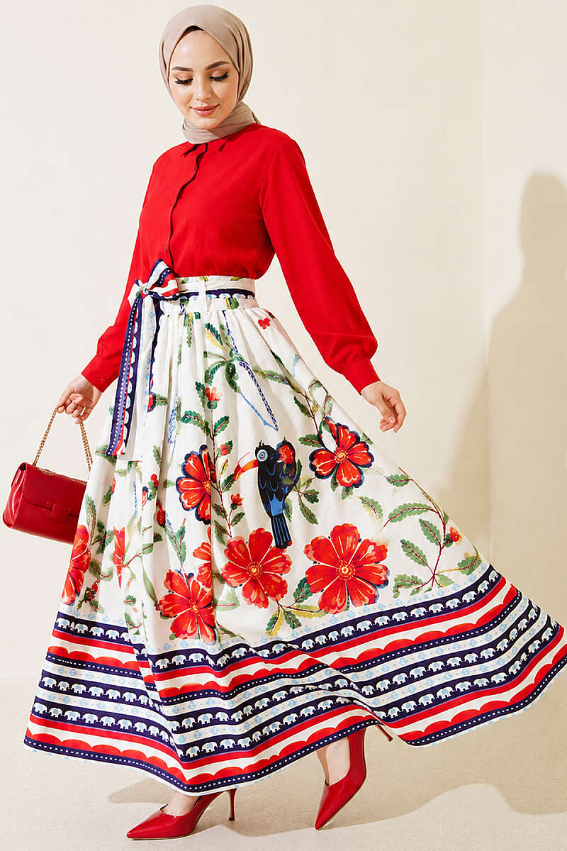 Floral Detail Skirt with Waist Sash - Ecru