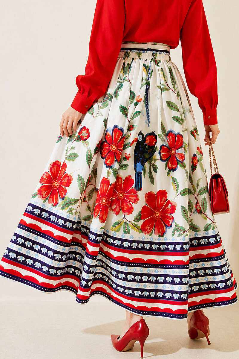 Floral Detail Skirt with Waist Sash - Ecru